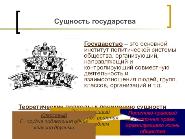 Сущность государства Государство – это основной институт политической системы общества, организующий, направляющий