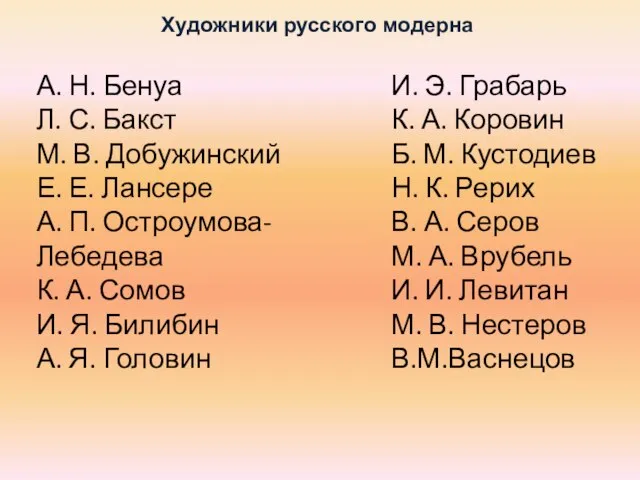 А. Н. Бенуа Л. С. Бакст М. В. Добужинский Е. Е. Лансере