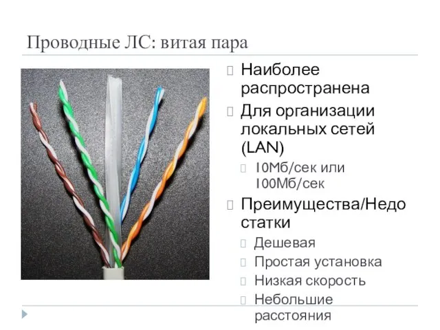 Проводные ЛС: витая пара Наиболее распространена Для организации локальных сетей (LAN) 10Mб/сек