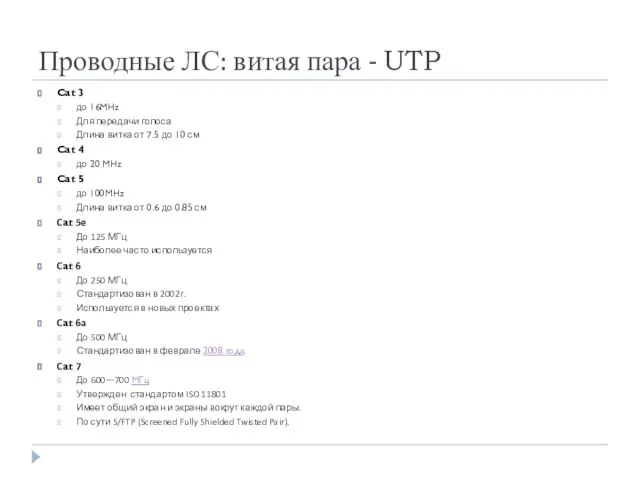Проводные ЛС: витая пара - UTP Cat 3 до 16MHz Для передачи