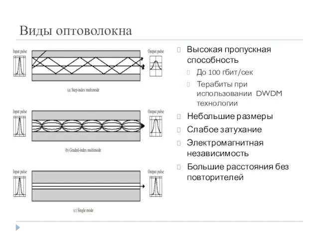 Виды оптоволокна Высокая пропускная способность До 100 гбит/сек Терабиты при использовании DWDM