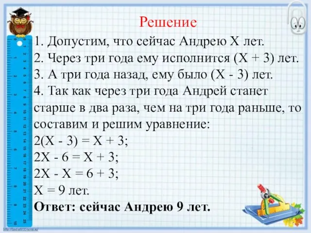 Решение 1. Допустим, что сейчас Андрею Х лет. 2. Через три года