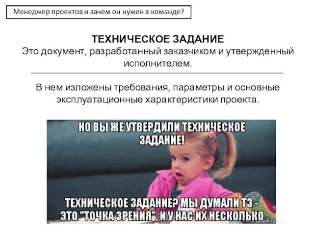 ТЕХНИЧЕСКОЕ ЗАДАНИЕ Это документ, разработанный заказчиком и утвержденный исполнителем. В нем изложены