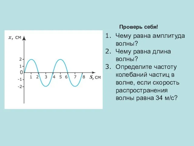 Проверь себя! Чему равна амплитуда волны? Чему равна длина волны? Определите частоту