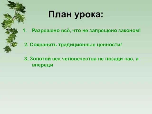 План урока: Разрешено всё, что не запрещено законом! 2. Сохранять традиционные ценности!