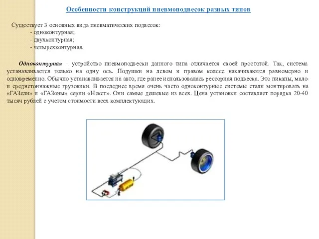 Особенности конструкций пневмоподвесок разных типов Существует 3 основных вида пневматических подвесок: -