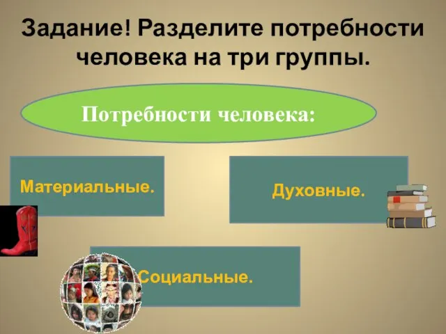 Задание! Разделите потребности человека на три группы. Потребности человека: Материальные. Духовные. Социальные.