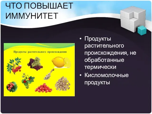 ЧТО ПОВЫШАЕТ ИММУНИТЕТ Продукты растительного происхождения, не обработанные термически Кисломолочные продукты