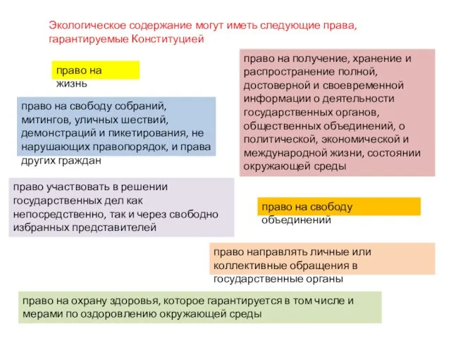 Экологическое содержание могут иметь следующие права, гарантируемые Конституцией право на жизнь право