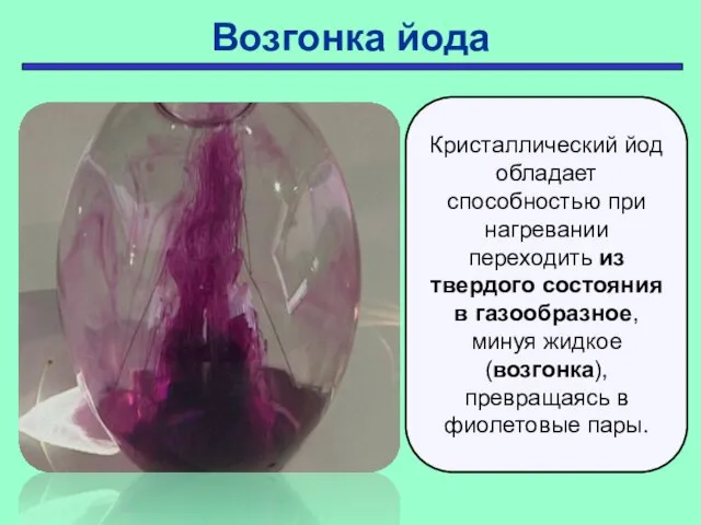 Возгонка йода Кристаллический йод обладает способностью при нагревании переходить из твердого состояния