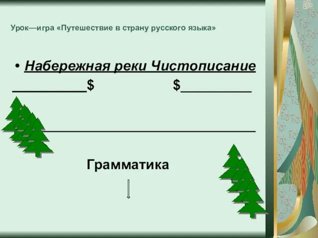 Урок—игра «Путешествие в страну русского языка» Набережная реки Чистописание $ $_________ _______________________________ Грамматика