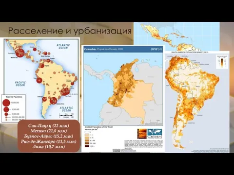Расселение и урбанизация Сан-Паулу (22 млн) Мехико (21,8 млн) Буэнос-Айрес (15,2 млн)