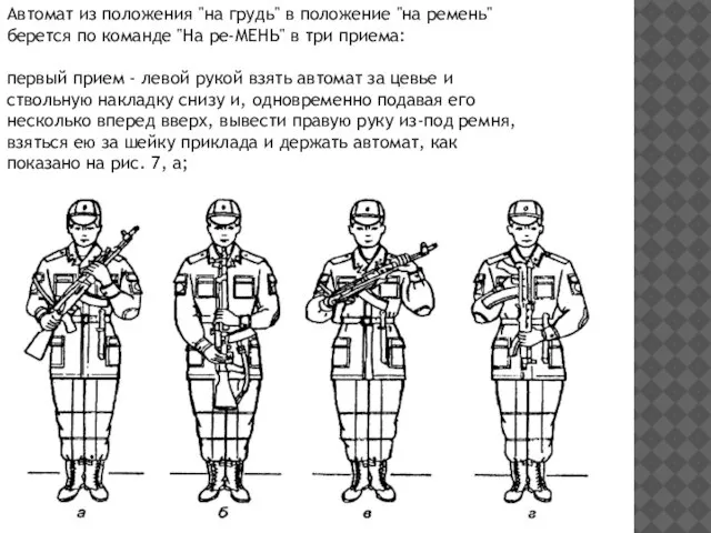 Автомат из положения "на грудь" в положение "на ремень" берется по команде