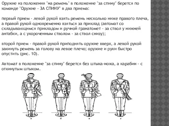 Оружие из положения "на ремень" в положение "за спину" берется по команде