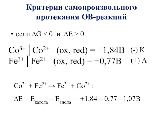 Критерии самопроизвольного протекания ОВ-реакций если ∆G 0. Со3+ + Fe2+ → Fe3+