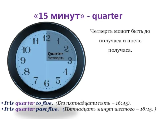 «15 минут» - quarter Четверть может быть до получаса и после получаса.
