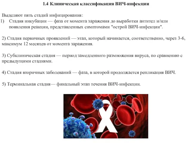 1.4 Клиническая классификация ВИЧ-инфекции Выделяют пять стадий инфицирования: Стадия инкубации — фаза