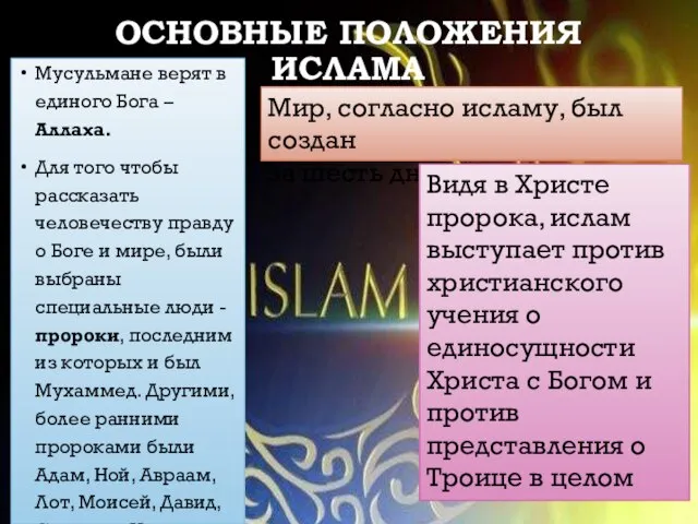 ОСНОВНЫЕ ПОЛОЖЕНИЯ ИСЛАМА Мусульмане верят в единого Бога – Аллаха. Для того