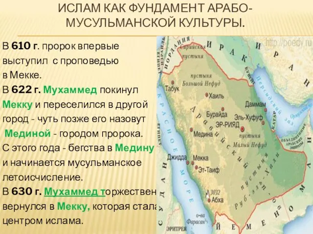 ИСЛАМ КАК ФУНДАМЕНТ АРАБО-МУСУЛЬМАНСКОЙ КУЛЬТУРЫ. В 610 г. пророк впервые выступил с