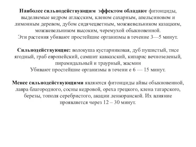 Наиболее сильнодействующим эффектом обладают фитонциды, выделяемые кедром атласским, кленом сахарным, апельсиновом и