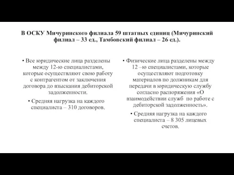 В ОСКУ Мичуринского филиала 59 штатных единиц (Мичуринский филиал – 33 ед.,