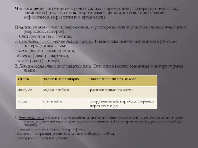 Чистота речи - отсутствие в речи чуждых современному литературному языку элементов (диалектизмов,