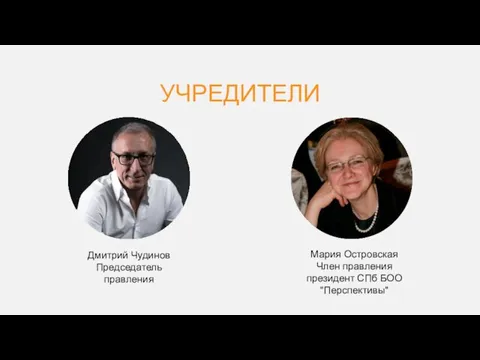 УЧРЕДИТЕЛИ Дмитрий Чудинов Председатель правления Мария Островская Член правления президент СПб БОО "Перспективы"