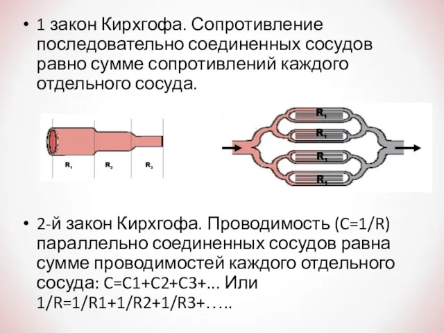 1 закон Кирхгофа. Сопротивление последовательно соединенных сосудов равно сумме сопротивлений каждого отдельного