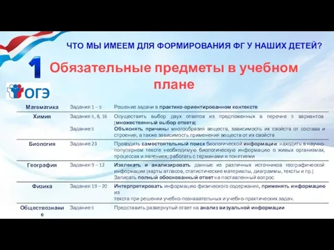 ЧТО МЫ ИМЕЕМ ДЛЯ ФОРМИРОВАНИЯ ФГ У НАШИХ ДЕТЕЙ? Обязательные предметы в учебном плане