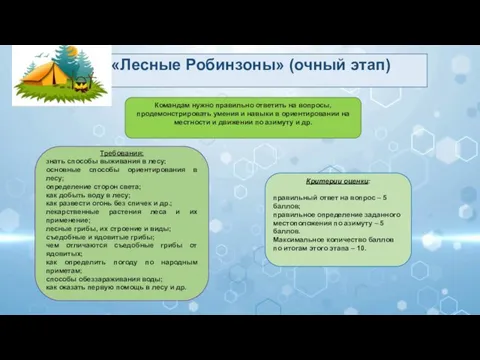 «Лесные Робинзоны» (очный этап) Командам нужно правильно ответить на вопросы, продемонстрировать умения