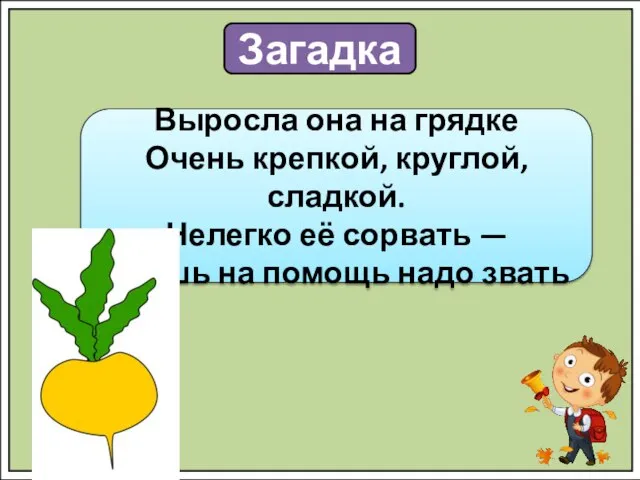 Загадка Выросла она на грядке Очень крепкой, круглой, сладкой. Нелегко её сорвать