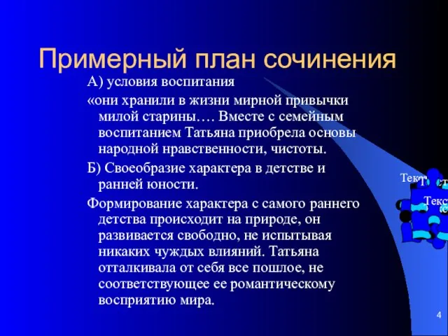 Примерный план сочинения А) условия воспитания «они хранили в жизни мирной привычки