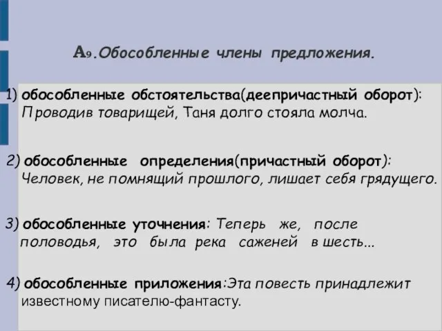 А9.Обособленные члены предложения. 1) обособленные обстоятельства(деепричастный оборот):Проводив товарищей, Таня долго стояла молча.