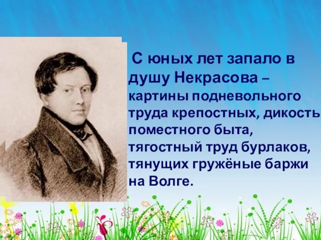 С юных лет запало в душу Некрасова – картины подневольного труда крепостных,