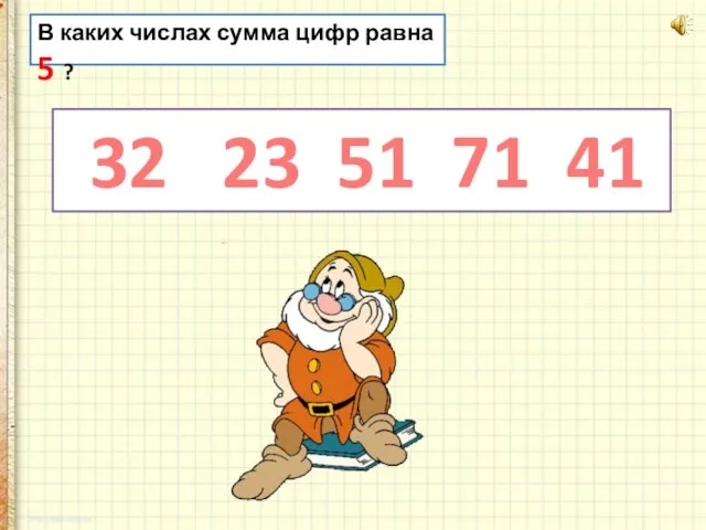 В каких числах сумма цифр равна 5 ? 32 23 51 71 41