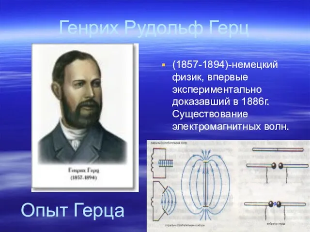 Генрих Рудольф Герц (1857-1894)-немецкий физик, впервые экспериментально доказавший в 1886г. Существование электромагнитных волн. Опыт Герца