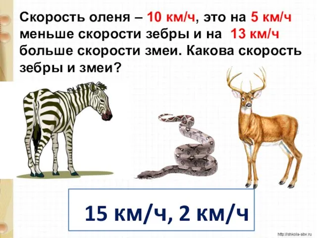 Скорость оленя – 10 км/ч, это на 5 км/ч меньше скорости зебры