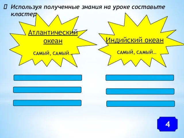 Используя полученные знания на уроке составьте кластер Атлантический океан САМЫЙ, САМЫЙ… Индийский океан САМЫЙ, САМЫЙ… 4