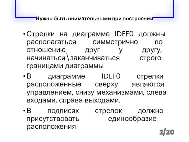 Нужно быть внимательными при построении Стрелки на диаграмме IDEF0 должны располагаться симметрично