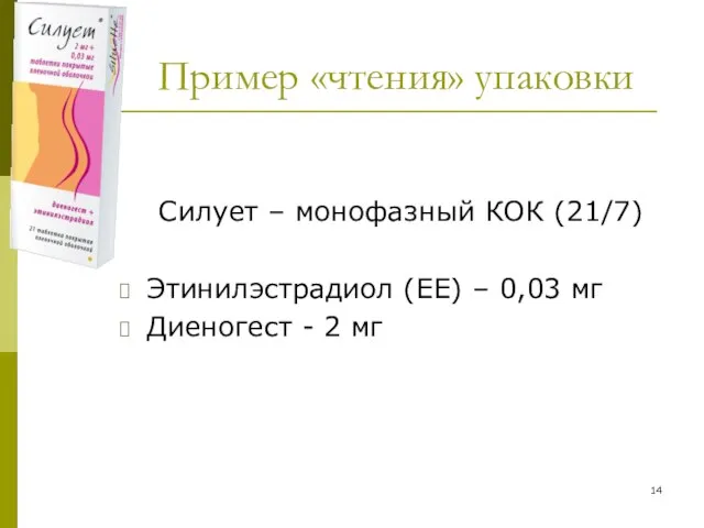 Пример «чтения» упаковки Силует – монофазный КОК (21/7) Этинилэстрадиол (ЕЕ) – 0,03