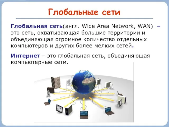 Глобальные сети Глобальная сеть(англ. Wide Area Network, WAN) –это сеть, охватывающая большие