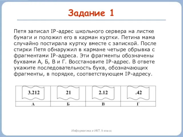 Задание 1 Информатика и ИКТ. 9 класс Петя записал IP-адрес школьного сервера