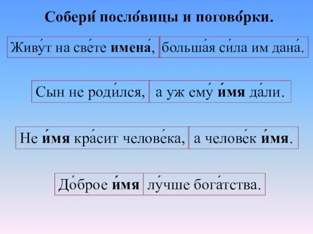 Собери́ посло́вицы и погово́рки. Живу́т на све́те имена́, больша́я си́ла им дана́.