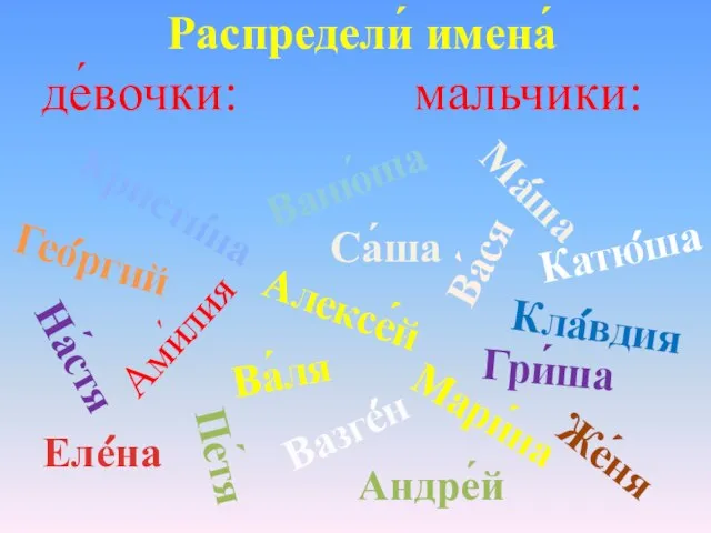 Ма́ша Ва́ся Гри́ша Пе́тя Кла́вдия Вазге́н Гео́ргий Кристи́на Ами́лия Алексе́й На́стя Ваню́ша