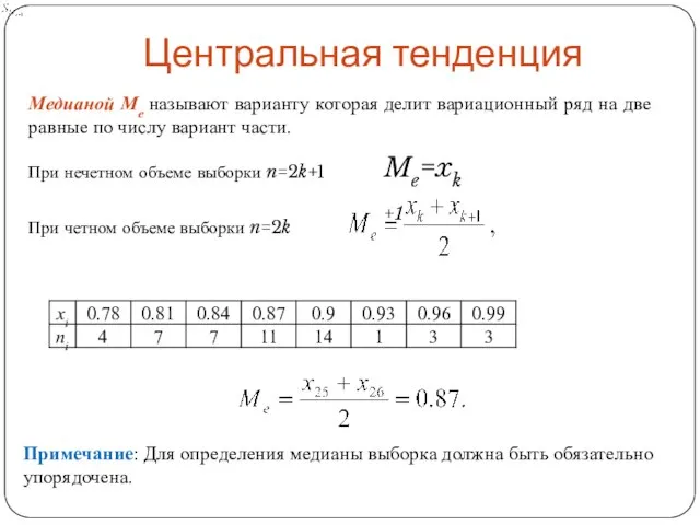 Центральная тенденция Медианой Me называют варианту которая делит вариационный ряд на две