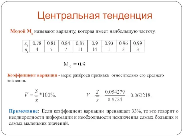 Центральная тенденция Модой Mo называют варианту, которая имеет наибольшую частоту. Коэффициент вариации