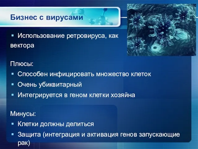 Бизнес с вирусами Использование ретровируса, как вектора Плюсы: Способен инфицировать множество клеток