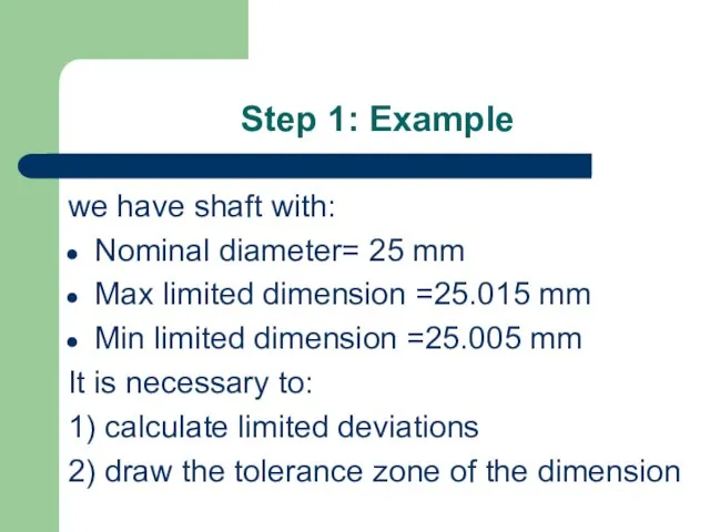 Step 1: Example we have shaft with: Nominal diameter= 25 mm Max