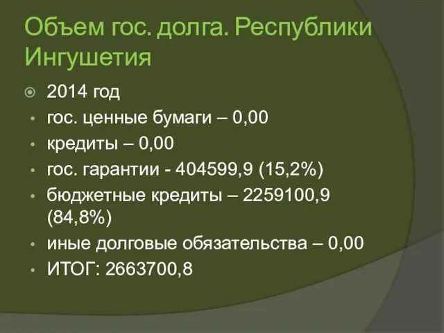 Объем гос. долга. Республики Ингушетия 2014 год гос. ценные бумаги – 0,00