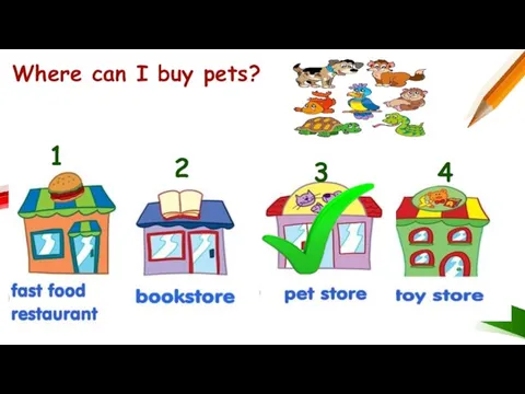 Where can I buy pets? 1 2 3 4